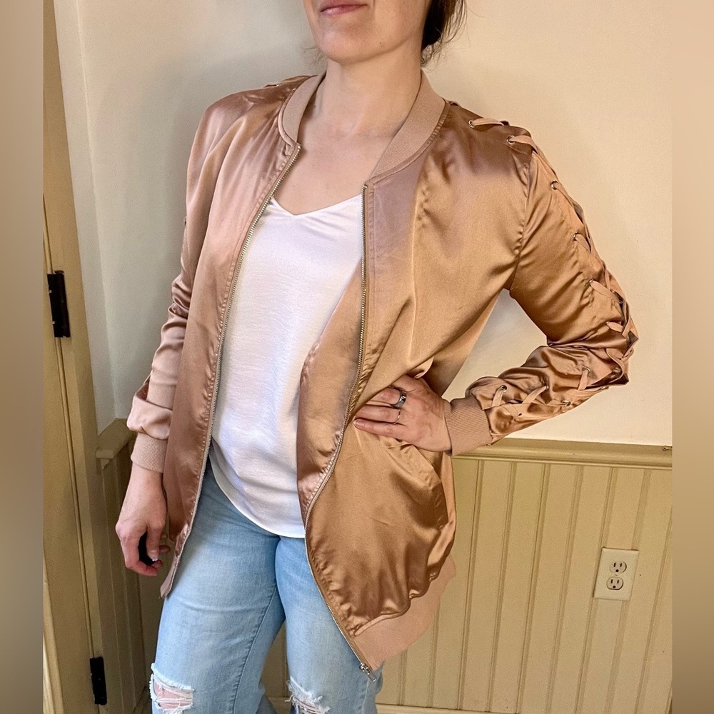 Carli Bybel Missguided Lace Up Arm Satin Long Bomber Jacket Tan Sz 8 Relaxed Fit